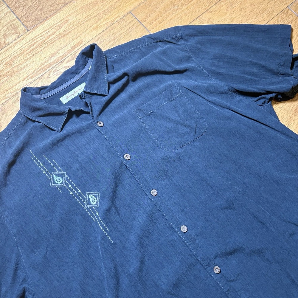 Tommy Bahama Woven Solid Black silk Embroidered Camp Collar Pocket Shirt XXL